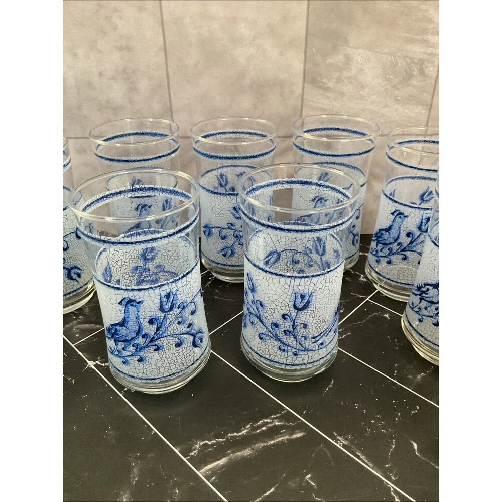 Libbey 10 oz glasses Frosted Blue bird and flower 5.25” X 2.50” Set of 11